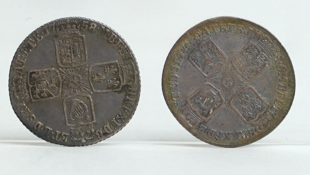 British silver coins, George II, two shilling coins, 1758, both fine/good fine and four sixpences, 1746, LIMA, fine, 1758/7, about VF, 1758, fine or better and 1757, about VF (6)